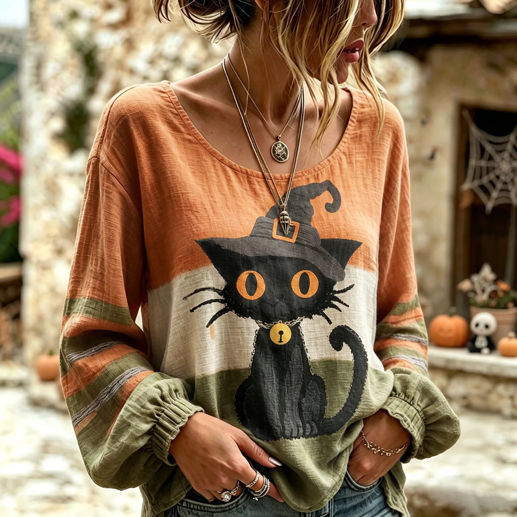 Women's Vintage Halloween Wizard Cat Art Embroidered Linen Blend Round Neck Long Sleeve Tops
