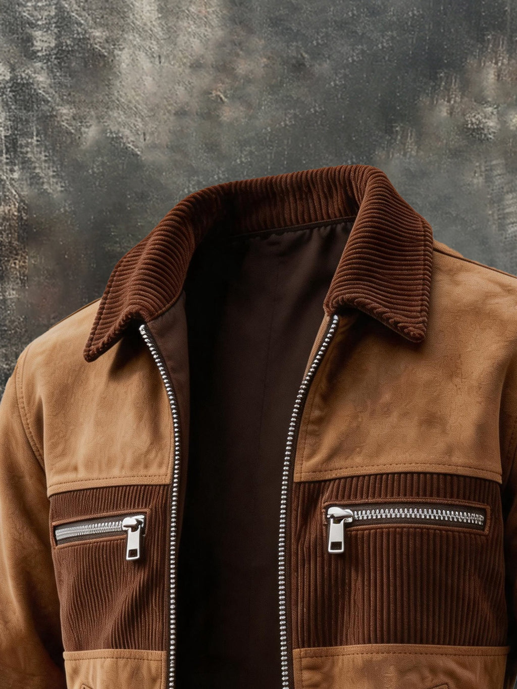 Men's Retro Faux Suede Panel Zip-Up Jacket