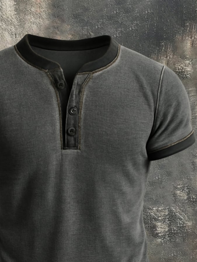 Men's Vintage Distressed Colorblock Casual Henley Short Sleeve T-Shirt