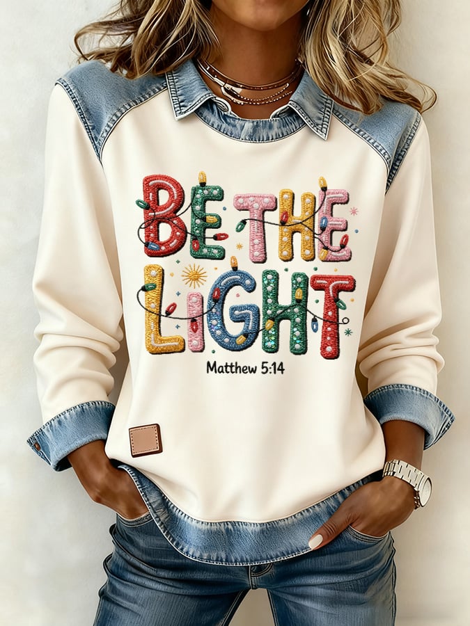Women's casual autumn and winter look: denim patchwork sweatshirt