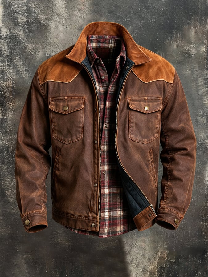 Men'S Vintage Western-Style Color-Block Suede Jacket With Paneling