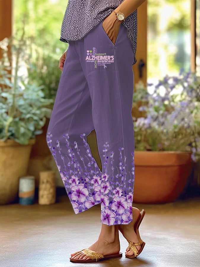 Women's Retro Floral Design Loose Pocket Patchwork Casual Pants