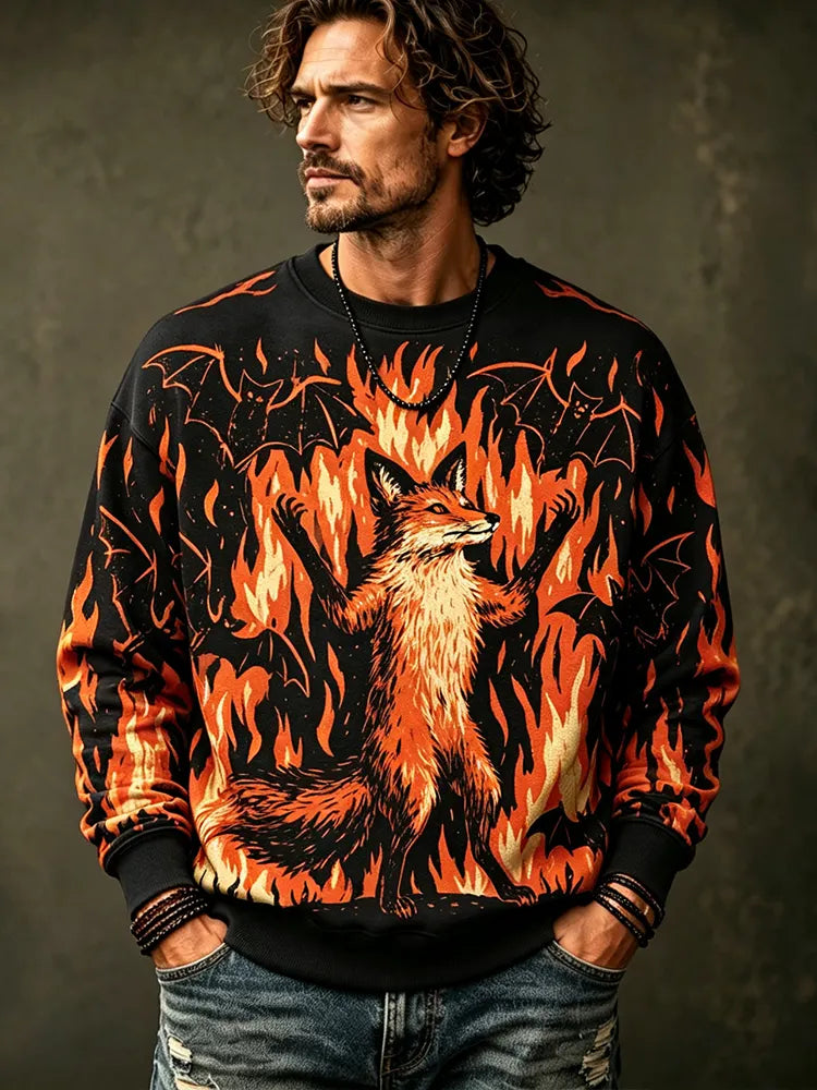 Men's Crewneck Sweatshirt Featuring Fox In Blazing Flames And Flying Bats Graphic