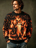 Men's Crewneck Sweatshirt Featuring Fox In Blazing Flames And Flying Bats Graphic