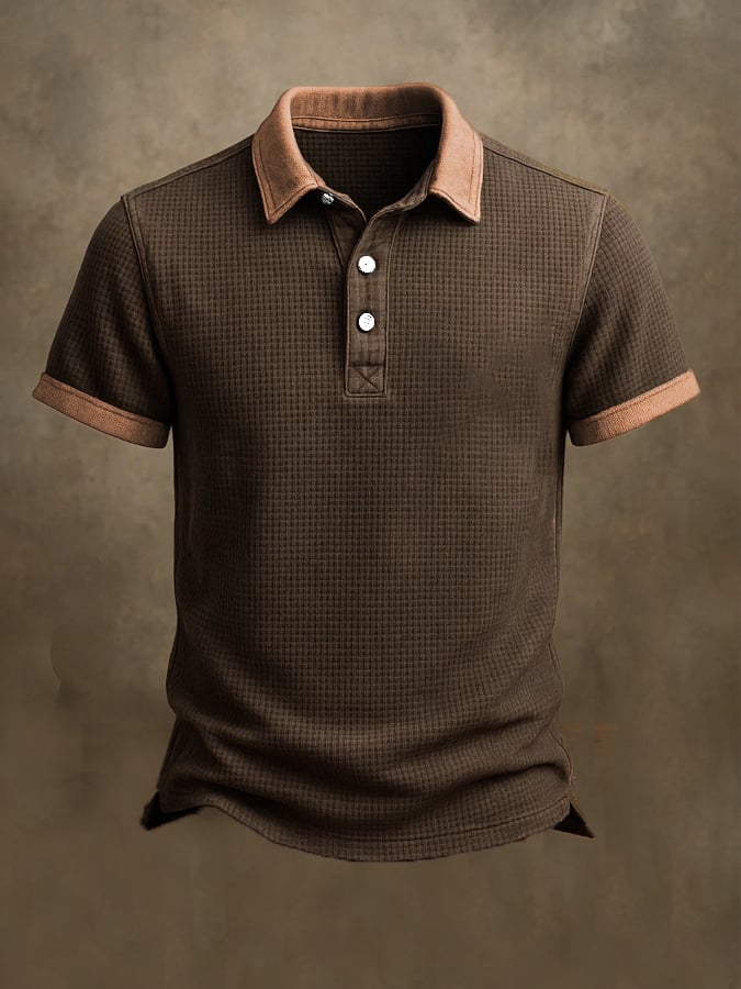 Men's casual short-sleeved waffle-print colorblock polo shirt