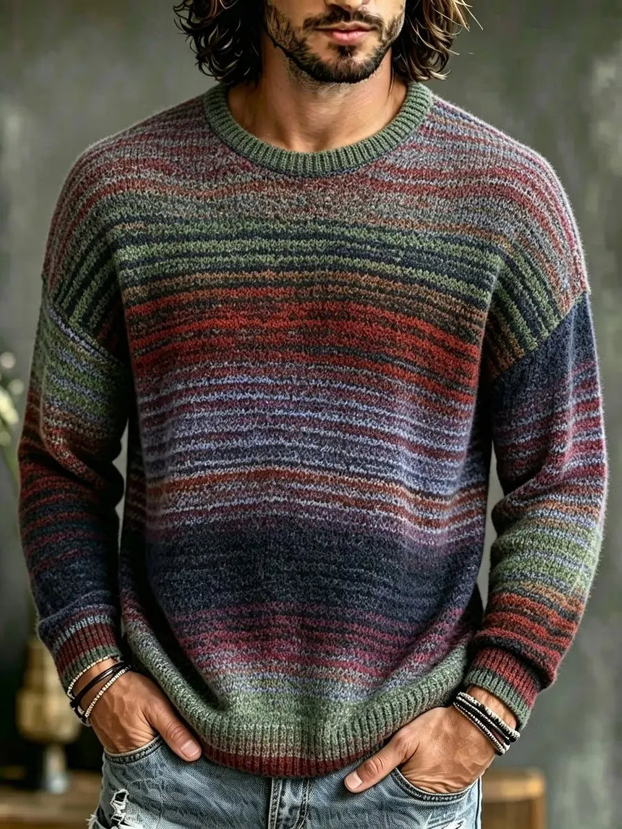 Men's Gradient Multitone Horizontal Wavy Striped Print Round Neck Sweater