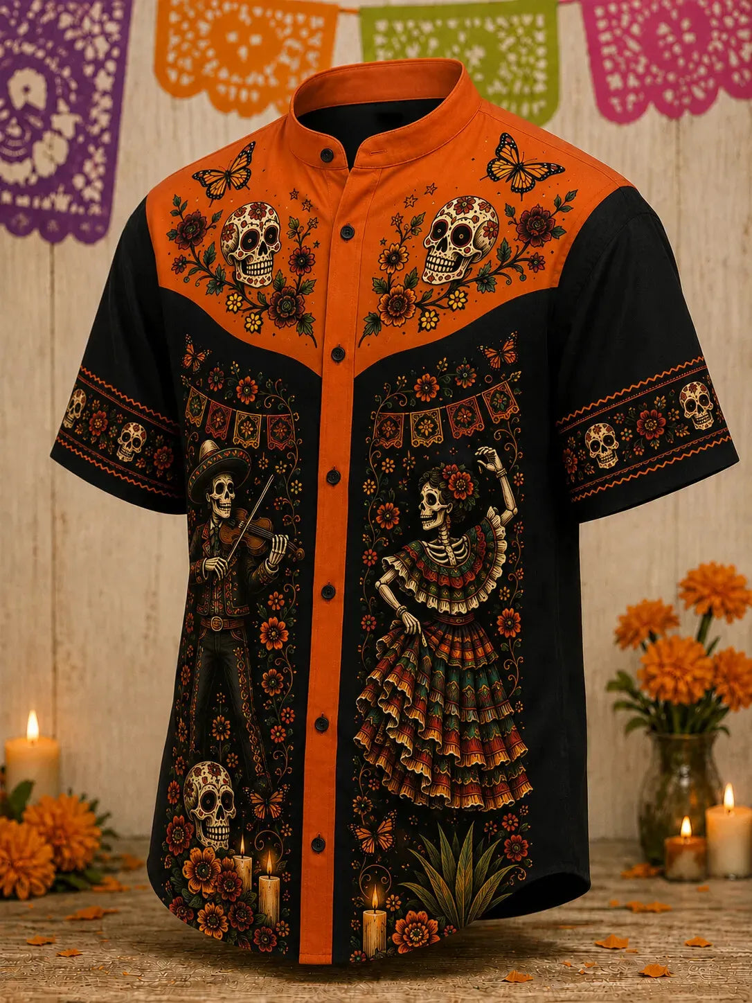 Men's Day Of The Dead Print Stand Collar Short Sleeve Shirt