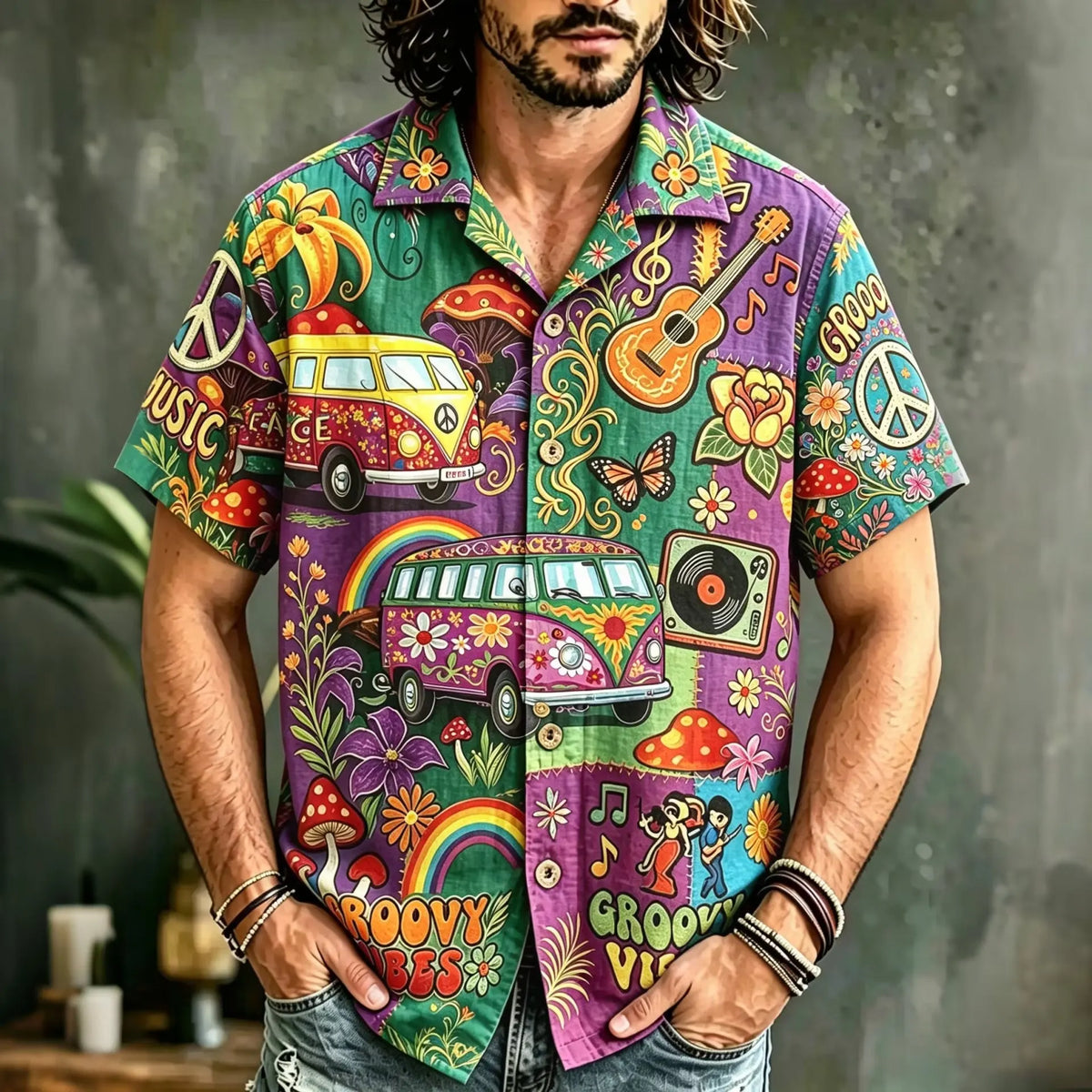 Men's Retro Groovy Camper Van Flower Rainbow Graphic Print Short Sleeve Buttons Shirt
