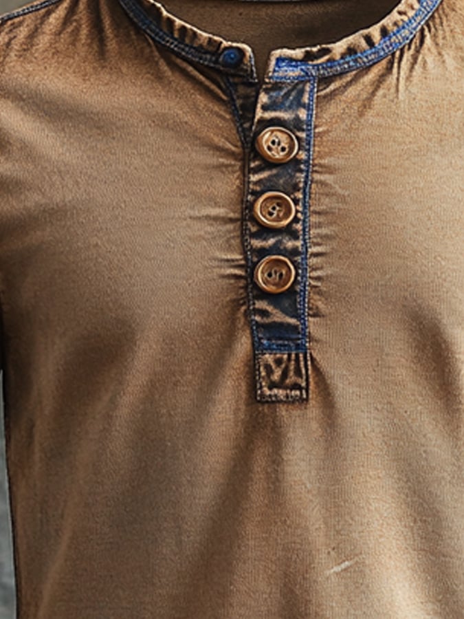 Men's vintage-style Henley print short-sleeved T-shirt