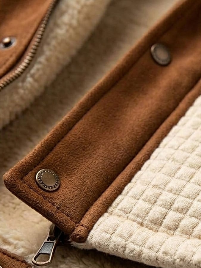 Men’S Vintage-Style Fleece-Lined Hooded Jacket – Featuring Textured Checkered Paneling, Faux Suede, And Color-Block Detailing
