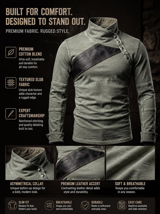 Asymmetrical Leather Patch Stand‐Collar Shirt | Rugged Vintage Style for Men