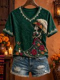 Women's Day Of The Dead Skeleton Lady Holding Lace Umbrella Warm Floral Butterfly Print V Neck Raglan T-Shirt
