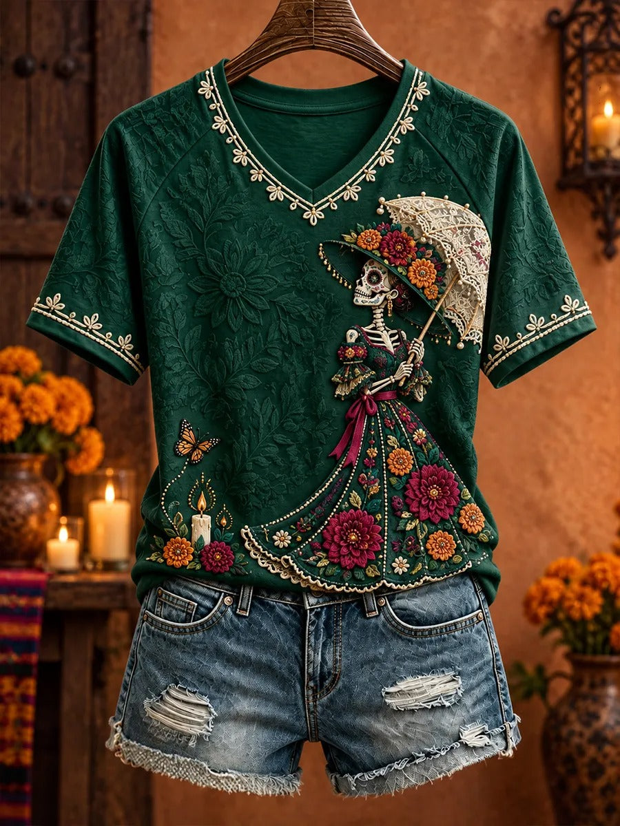 Women's Day Of The Dead Skeleton Lady Holding Lace Umbrella Warm Floral Butterfly Print V Neck Raglan T-Shirt