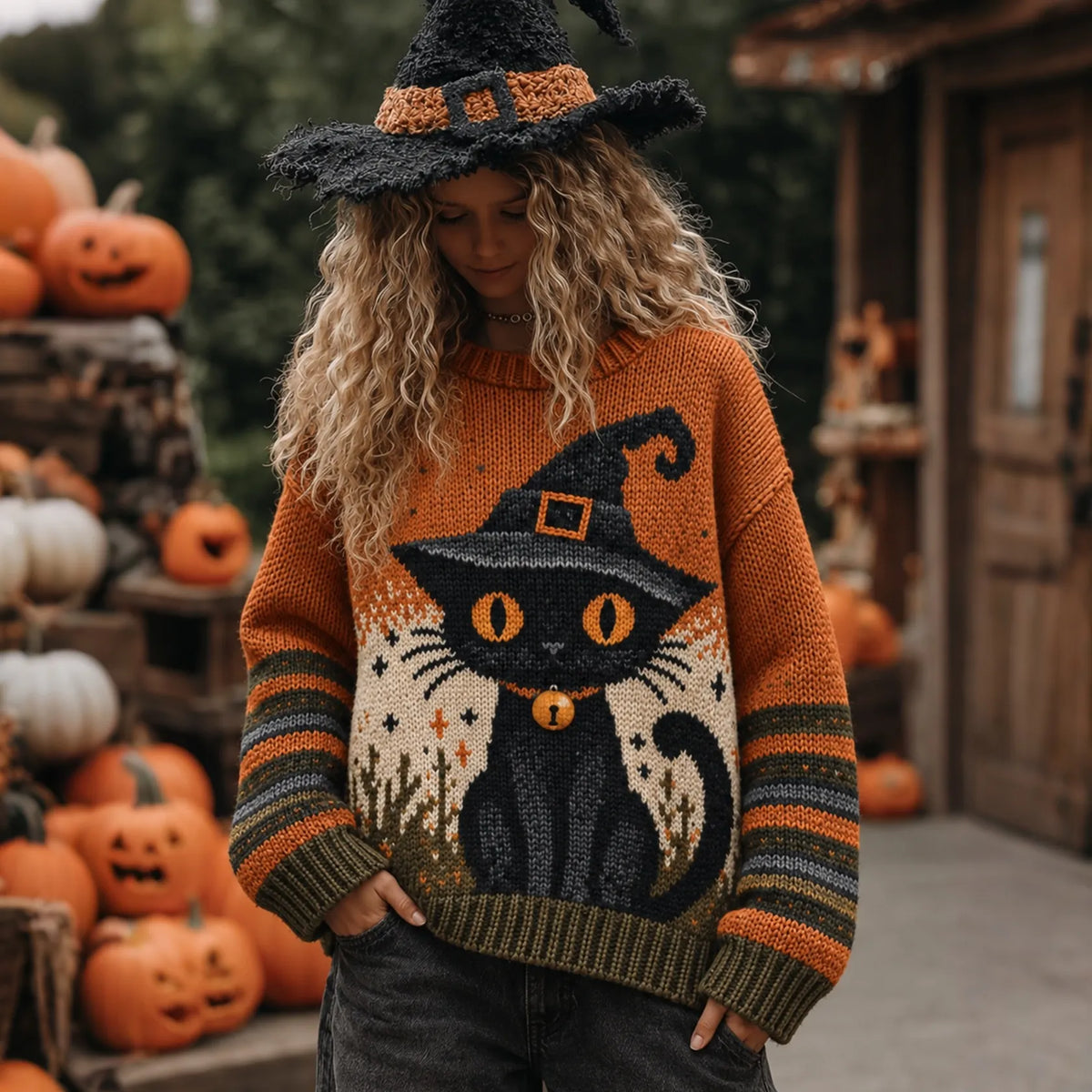 Women's Halloween Pumpkin Cat Print Knitted Comfort Round Neck Sweater
