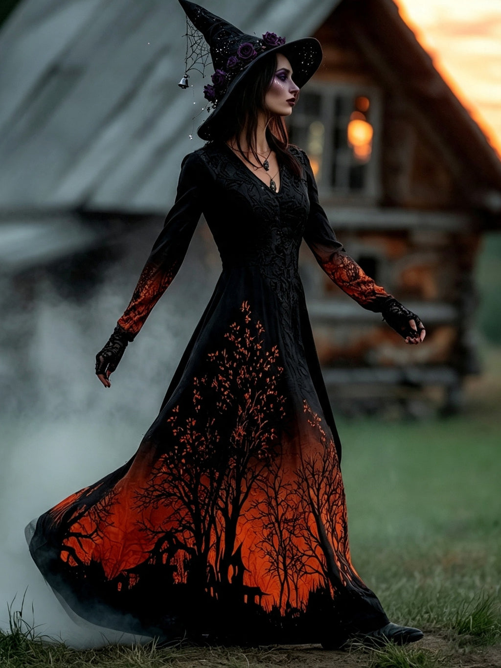 Women's Halloween Gradient Treehouse Print  V-neck Maxi Dress