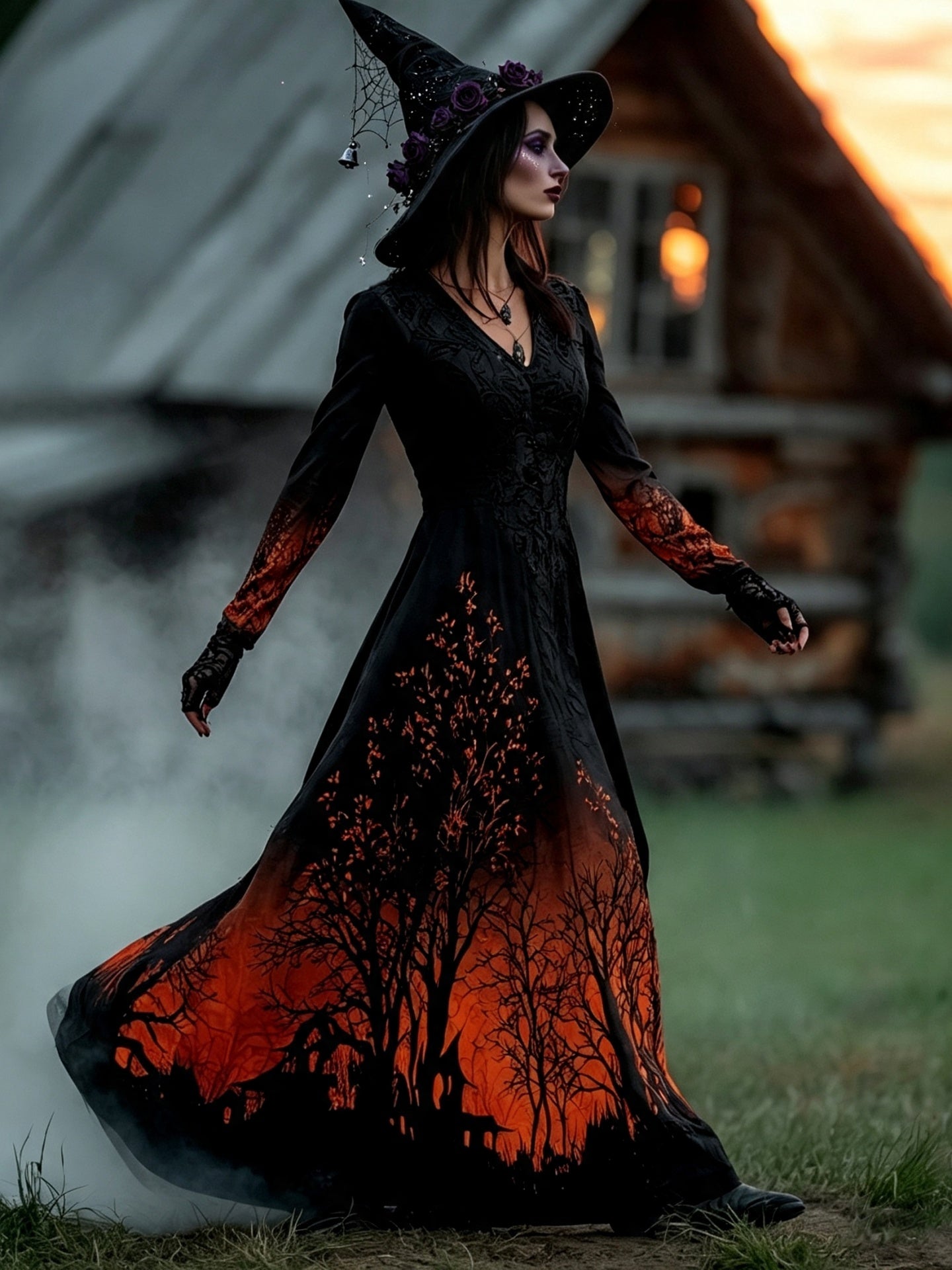 Women's Halloween Gradient Treehouse Print  V-neck Maxi Dress