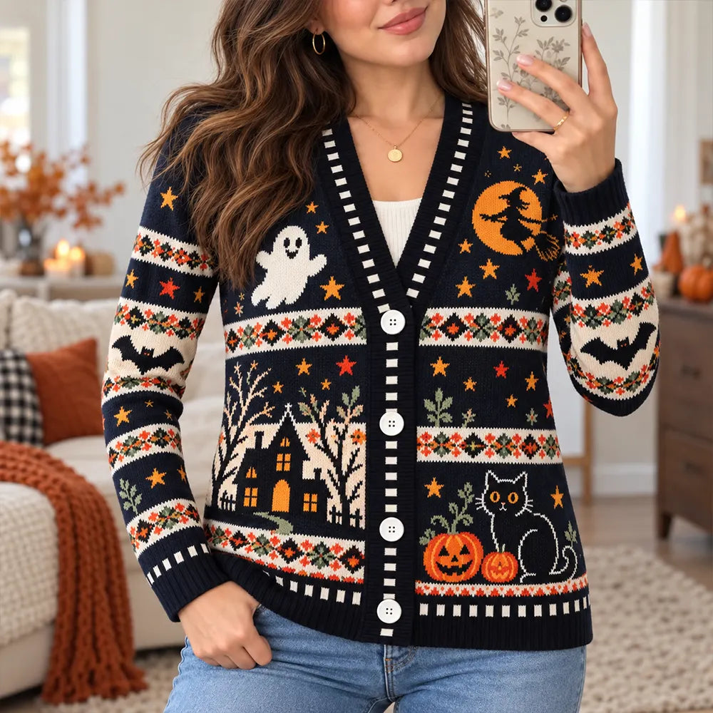 Women's Halloween Haunted House And Black Cat Knit Cardigan