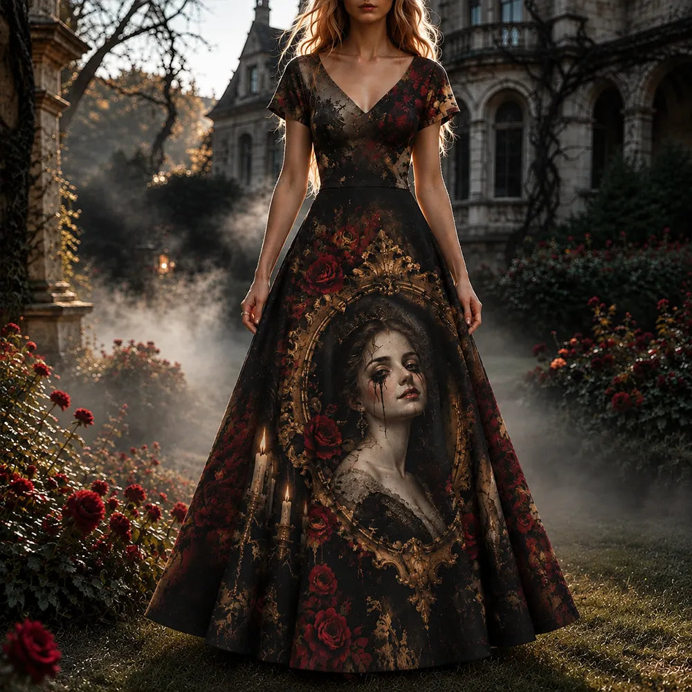 Women's Gothic Portrait In Vintage Frame & Red Roses Short Sleeve Maxi Dress