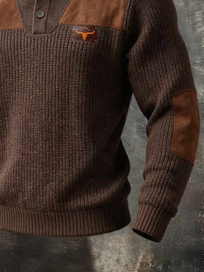 Men's Vintage-Style Suede-Panel Button-Front Long-Sleeve Henley Sweater