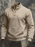 Men's Vintage Waffle-Knit Henley Sweatshirt with Stand Collar
