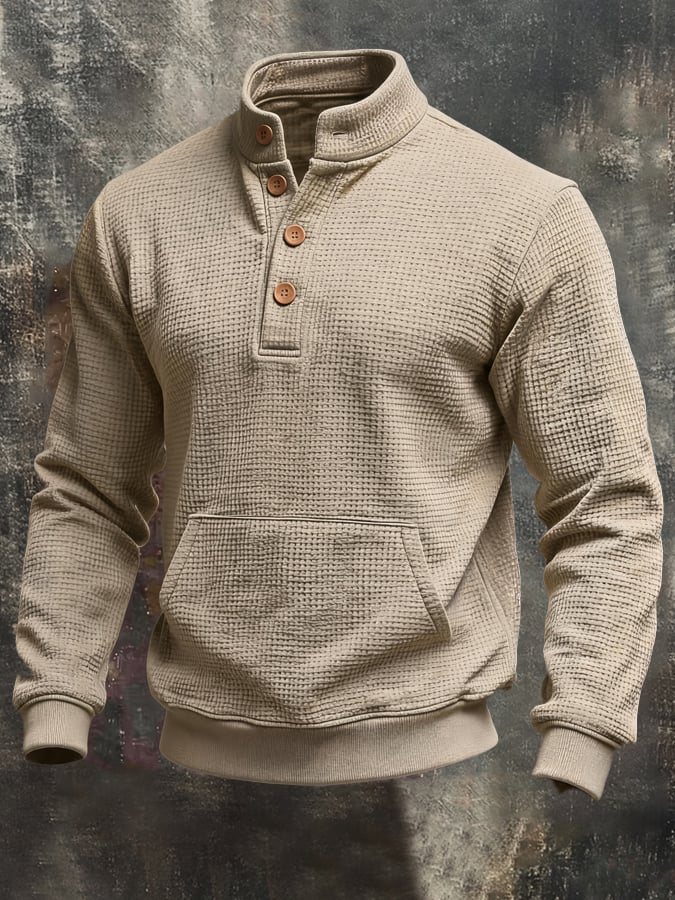 Men's Vintage Waffle-Knit Henley Sweatshirt with Stand Collar