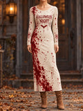 Women's "halloween Night" Blood Splatter And Spider Web Pattern Long-sleeve Maxi Dress