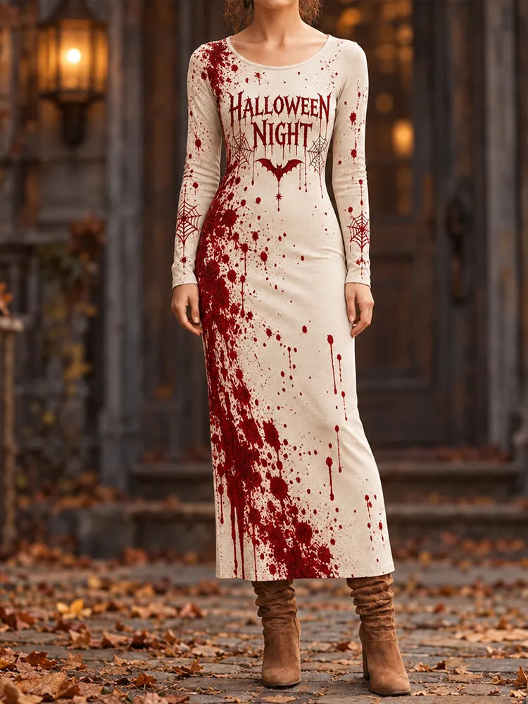 Women's "halloween Night" Blood Splatter And Spider Web Pattern Long-sleeve Maxi Dress