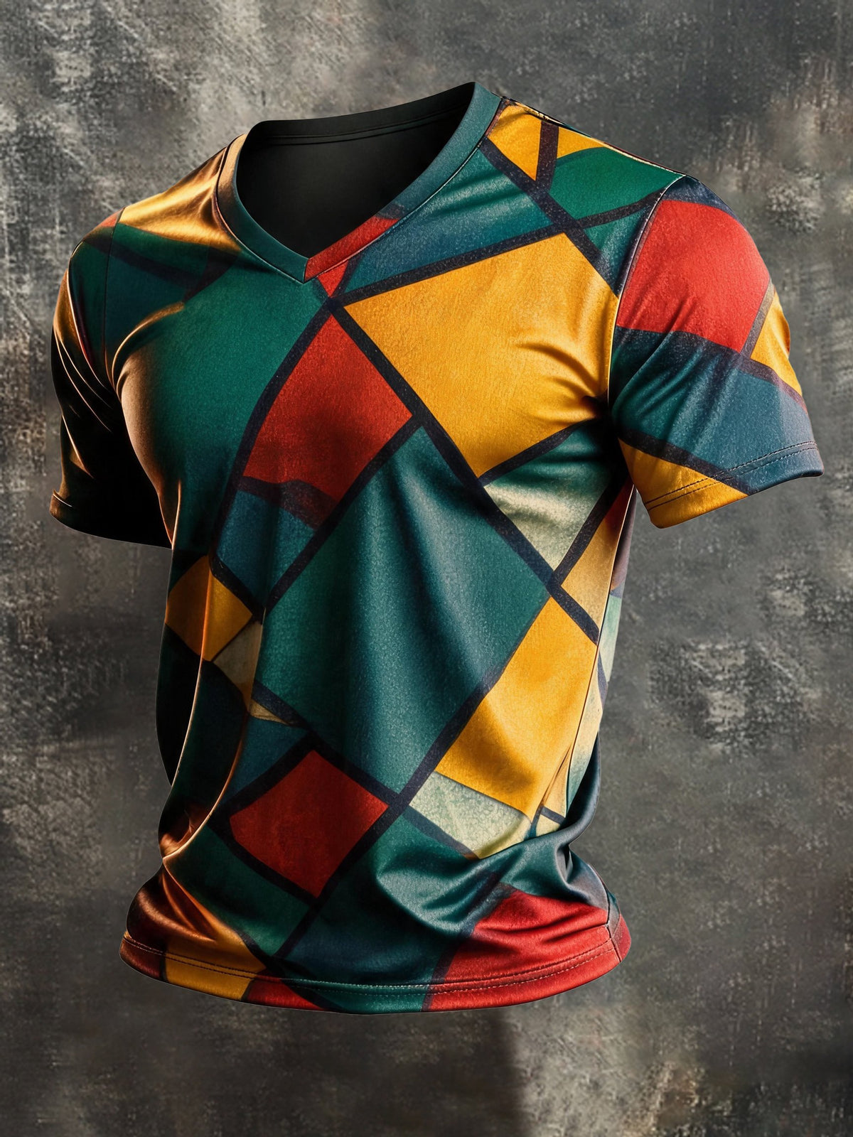 Men's Vintage-Style Distressed Color-Block Print V-Neck Short-Sleeve Top
