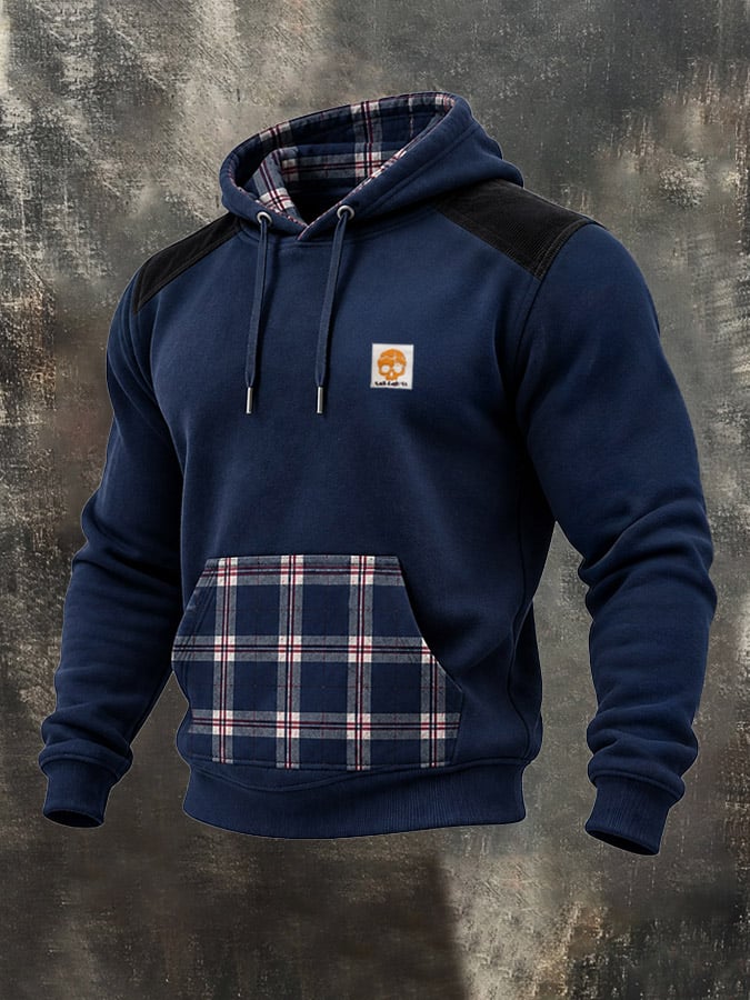 Men's Retro Plaid Color-Block Hooded Sweatshirt