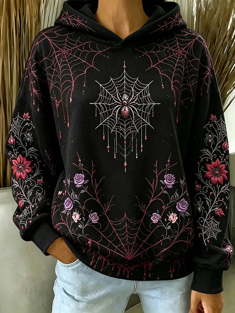 Women's Retro Halloween Spiderweb Floral Art Print Casual Warm Hooded Sweater