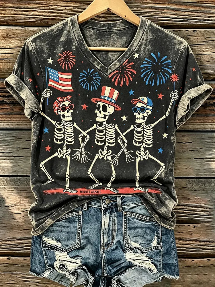 Women's Halloween And America's 250th Anniversary Art Acid Wash V-neck Casual T-shirt