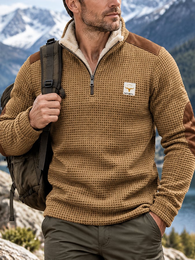 Men's Retro Textured Waffle-Knit Fleece-Lined Zip-Neck Sweatshirt