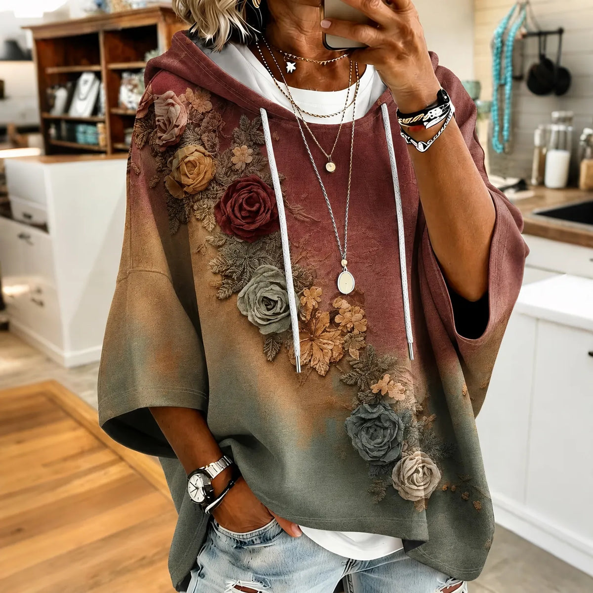 The Sunset Collection Women's Classic Bohemian Floral And Rose Gradient Print Hooded Sweatshirt