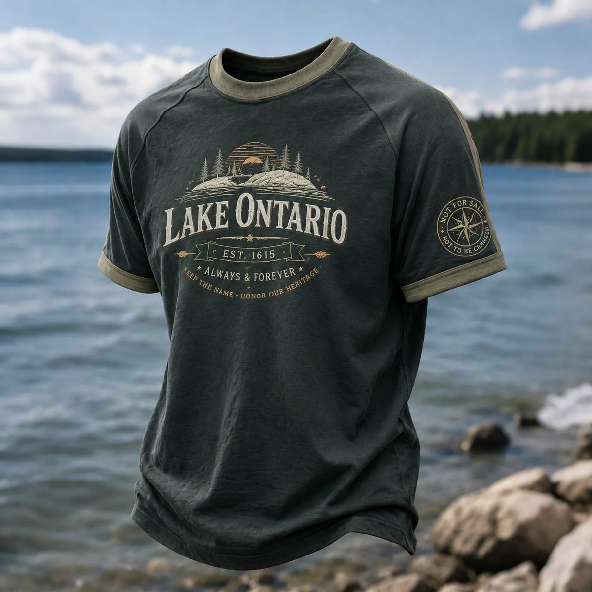 Men's Vintage Lake Ontario Print Crew Neck Short Sleeve T-shirt