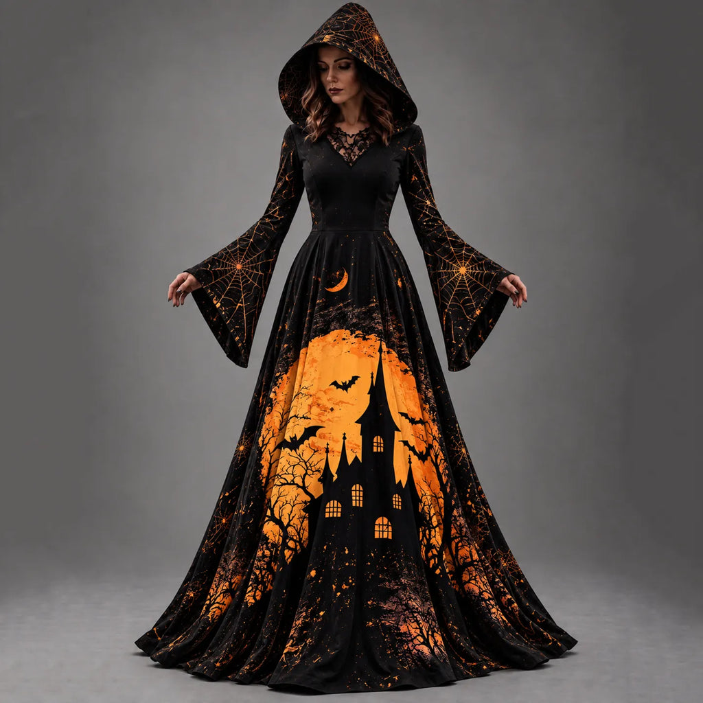 Women's Halloween Treehouse Art Long-sleeve Hooded Long Dress