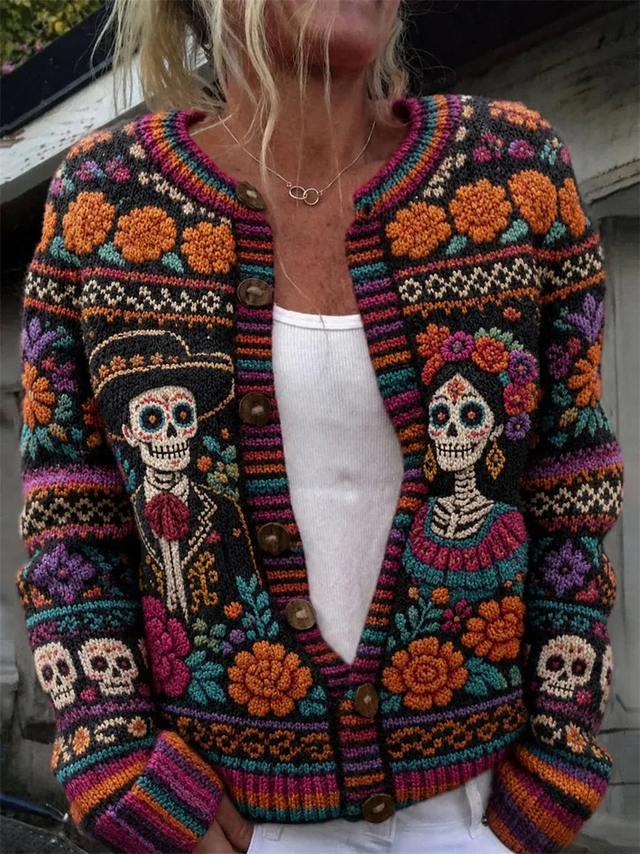 Women's Day Of The Dead Charro Catrina Skeleton Couple Mixed Skull Floral Print Knit Cardigan