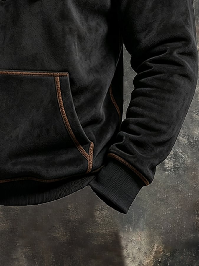 Men Lace-Up Suede Patchwork Hoodie