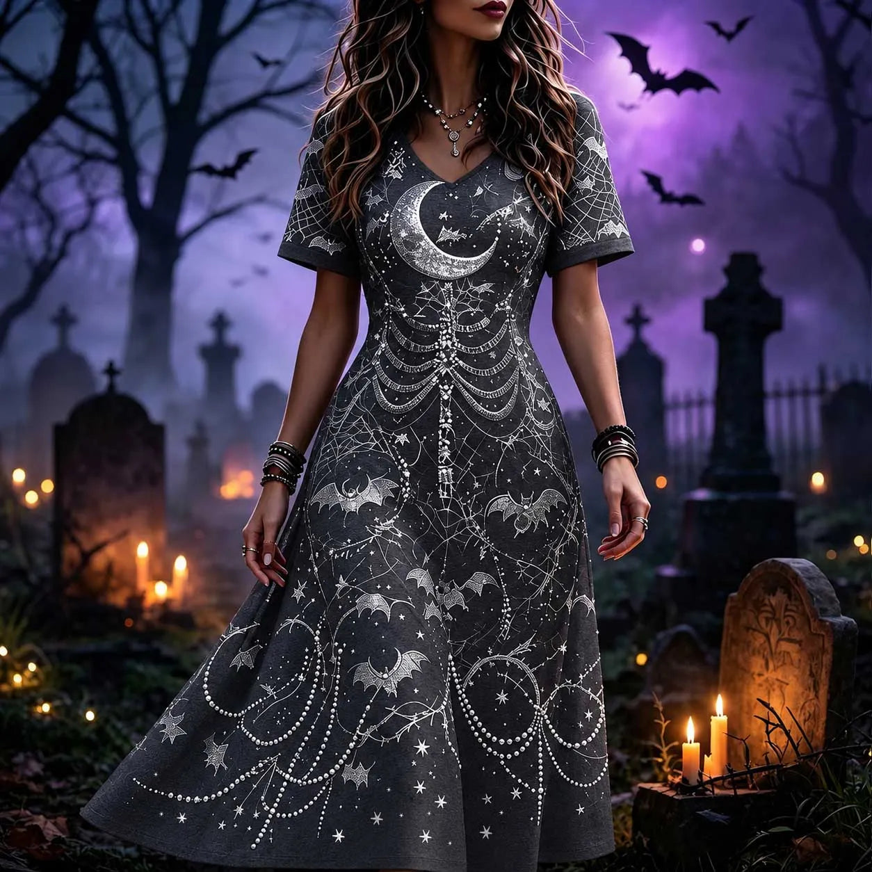 Women's Gothic V-neck Short Sleeve A-line Dress With Purple Moon And Bat Print