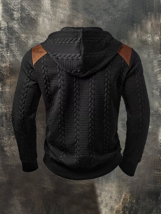 Men's Retro Textured Cable-Knit & Faux Suede Panel Hoodie