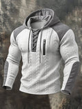 Men's Retro Textured Cable-Knit & Faux Suede Color-Block Hoodie