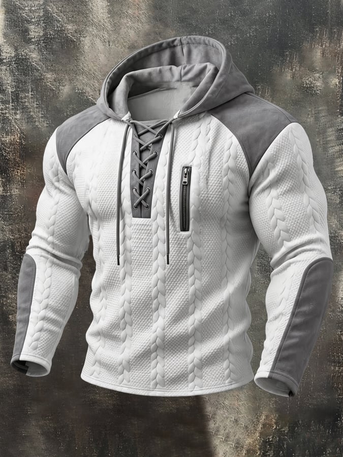Men's Retro Textured Cable-Knit & Faux Suede Color-Block Hoodie