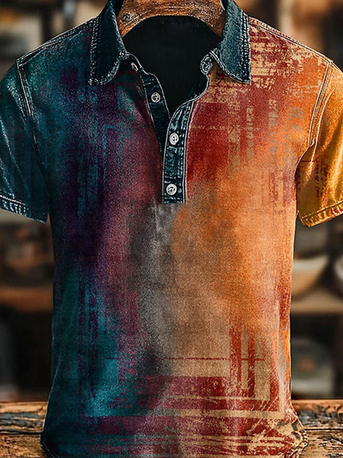 Casual retro polo shirt with contrast graphic print for men