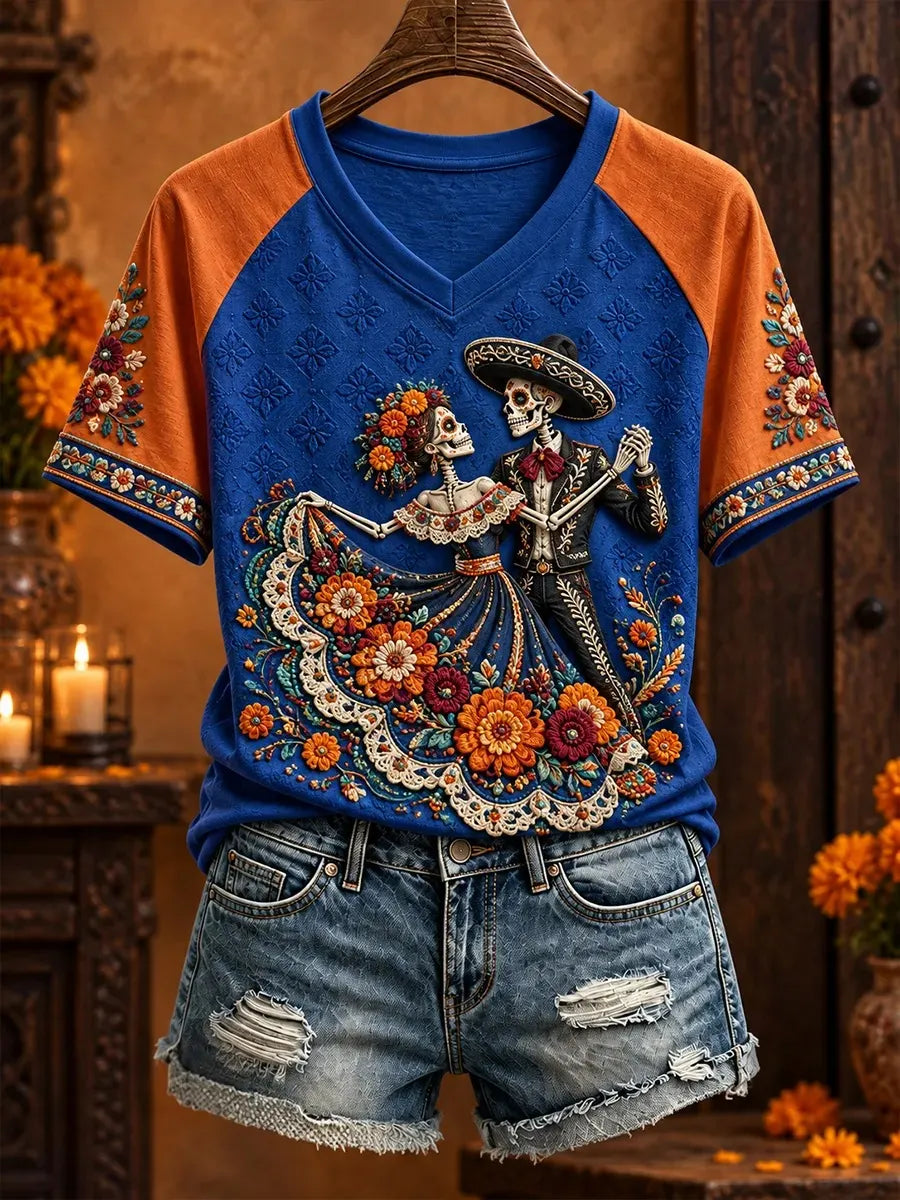 Women's Day Of The Dead Dancing Skeleton Couple Print V Neck Raglan T-Shirt