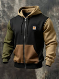 Men'S Retro Color-Block Print Zip-Up Hoodie