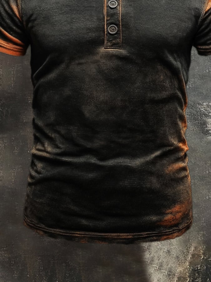 Men's Retro Washed Colorblock Casual Henley Short Sleeve T-Shirt
