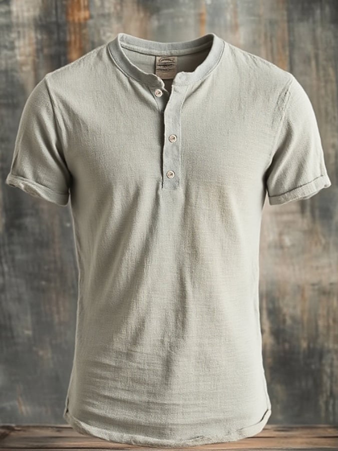 Men's vintage style casual solid color short sleeve Henley shirt
