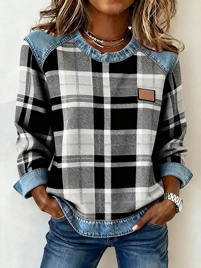 Women'S Casual Round Neck  Patchwork Plaid Print Pullover Sweatshirt