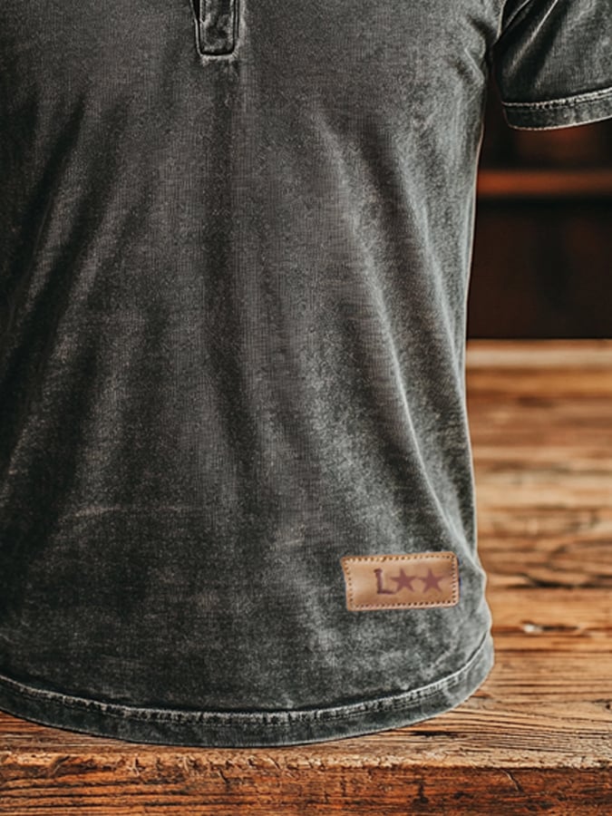 Men's vintage style classic washed leather V-neck button-front short-sleeved T-shirt