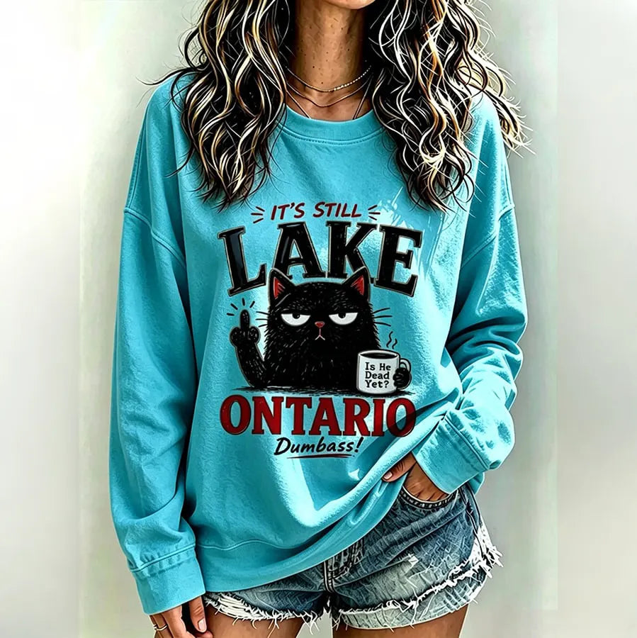 Women's Retro Lake Ontario Cat Art Print Crew Neck Sweatshirt
