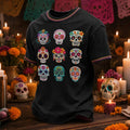 Men's Nine Colorful Sugar Skulls Day of the Dead Print Crew Neck T-Shirt